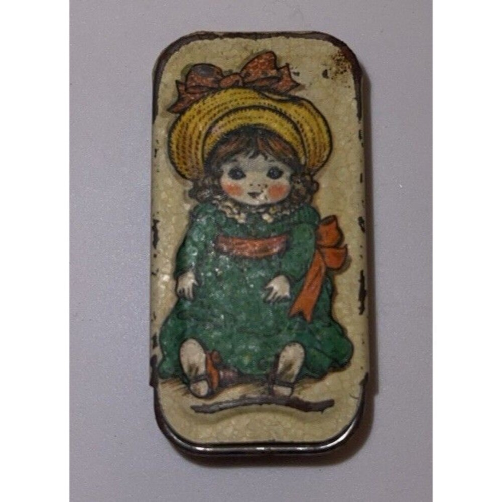 Vintage Potpourri Press Tin Slide Pill Trinket Box Victorian Handpainted Doll